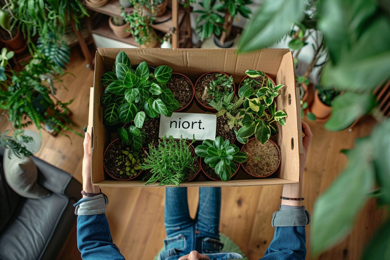 Boîtes en carton recyclé et plantes d'intérieur prêtes à être déménagées pour un déménagement éco-responsable à Niort